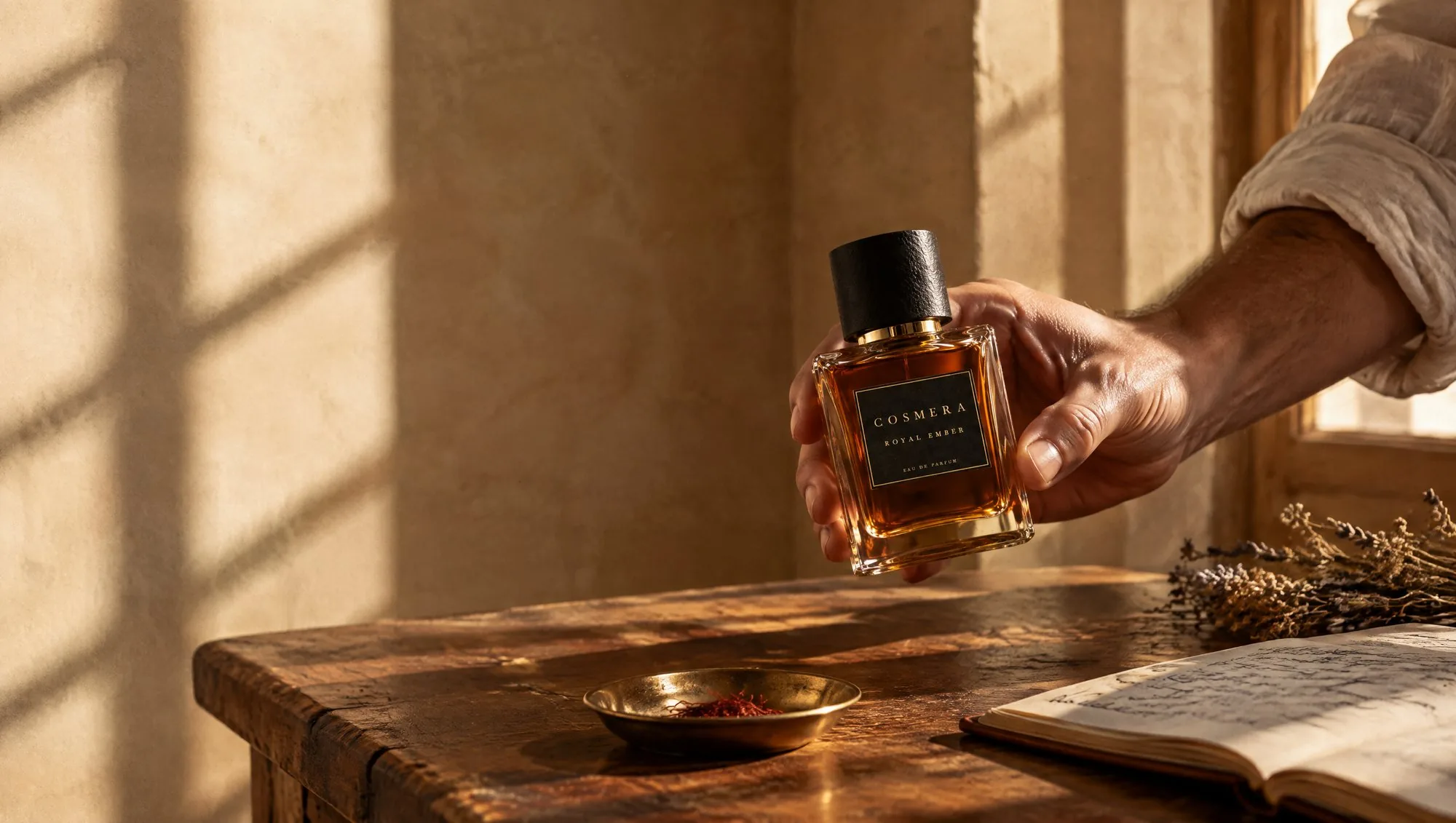 A hand lifting a bottle of Royal Ember off a wooden table in late-afternoon light