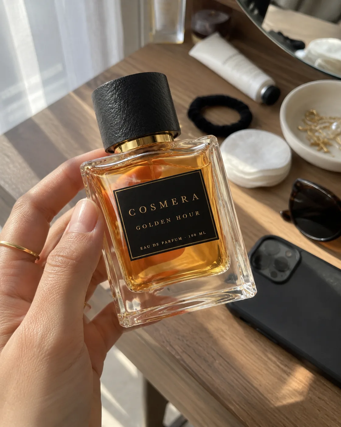 A hand holding Golden Hour up to read its label over a dressing table with cotton pads and sunglasses