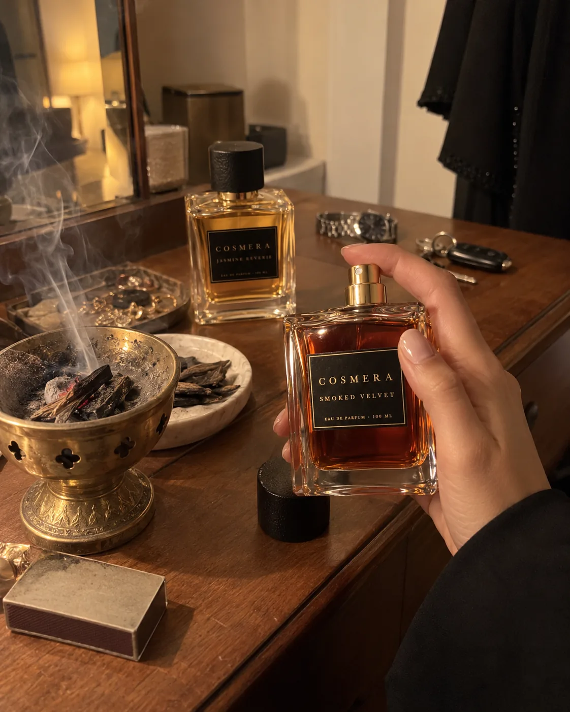A hand holding Smoked Velvet over a dresser, bakhoor smoking in a brass burner and Jasmine Reverie behind it