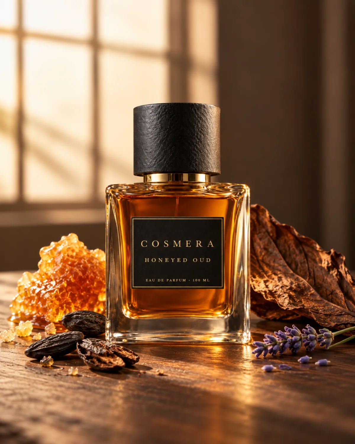 Honeyed Oud beside honeycomb, tonka beans, a dried tobacco leaf and lavender