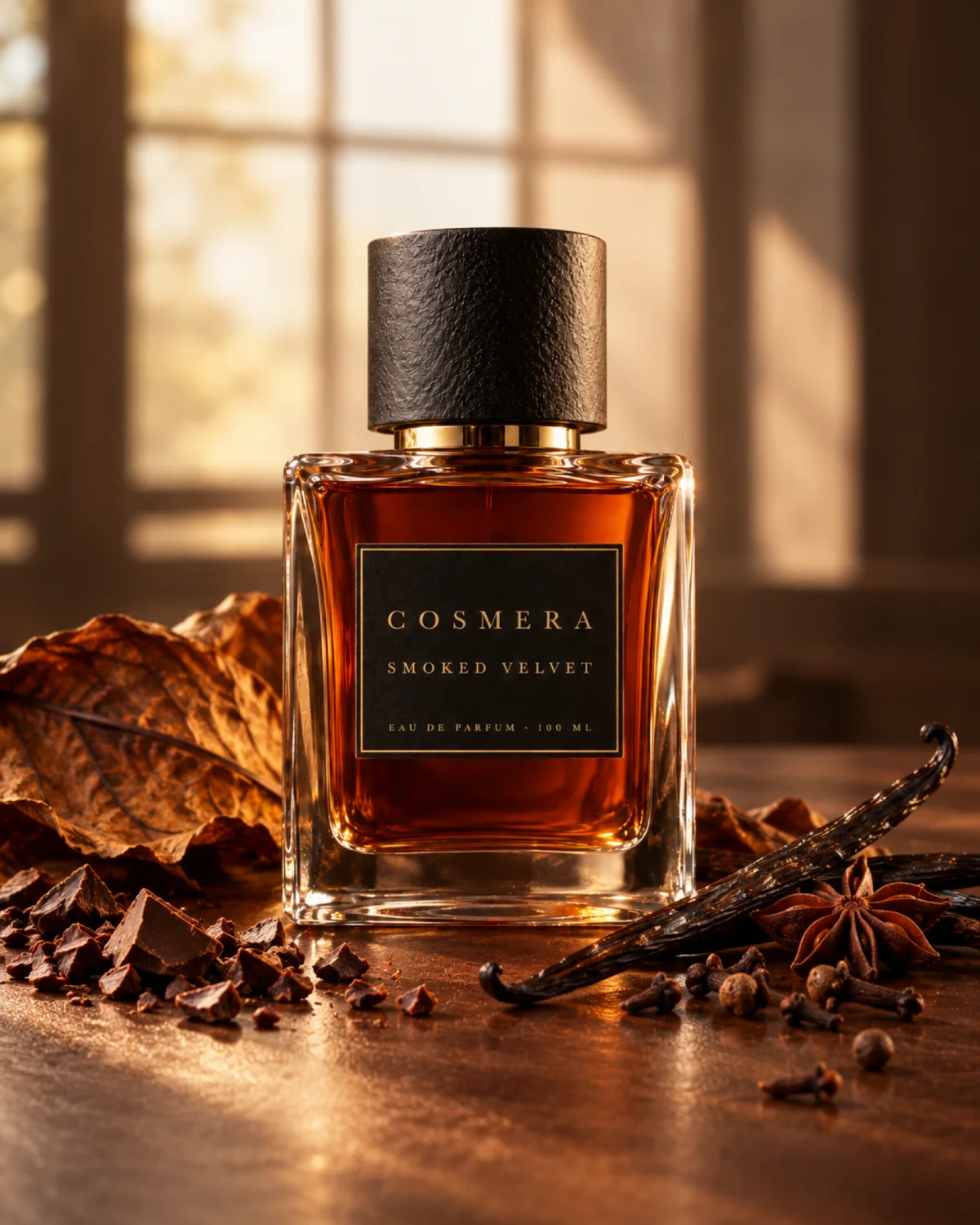 Smoked Velvet with a dried tobacco leaf, vanilla pods, star anise and dark chocolate