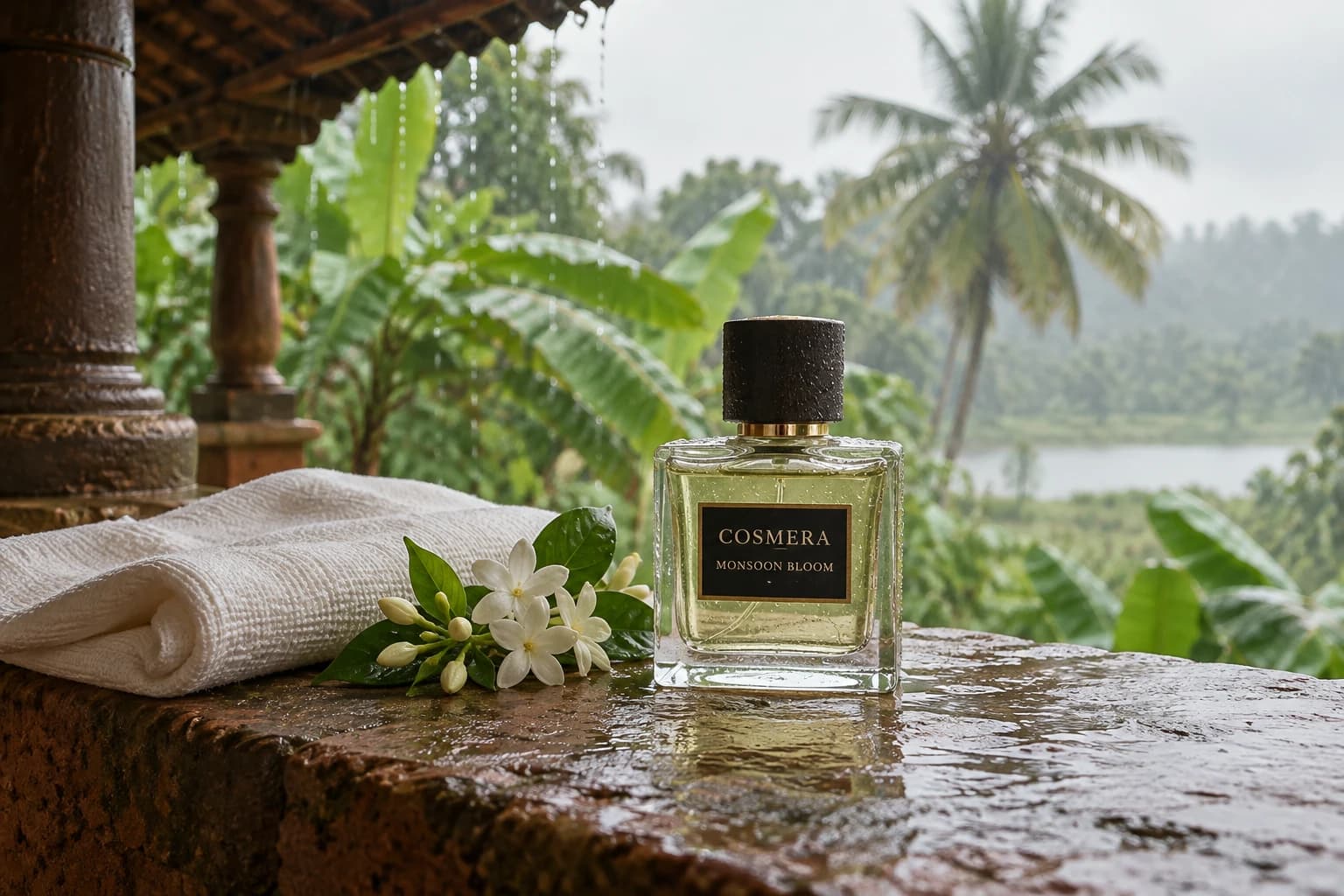 Monsoon Bloom on a rain-wet stone ledge of a Kerala veranda, jasmine and a folded towel beside it