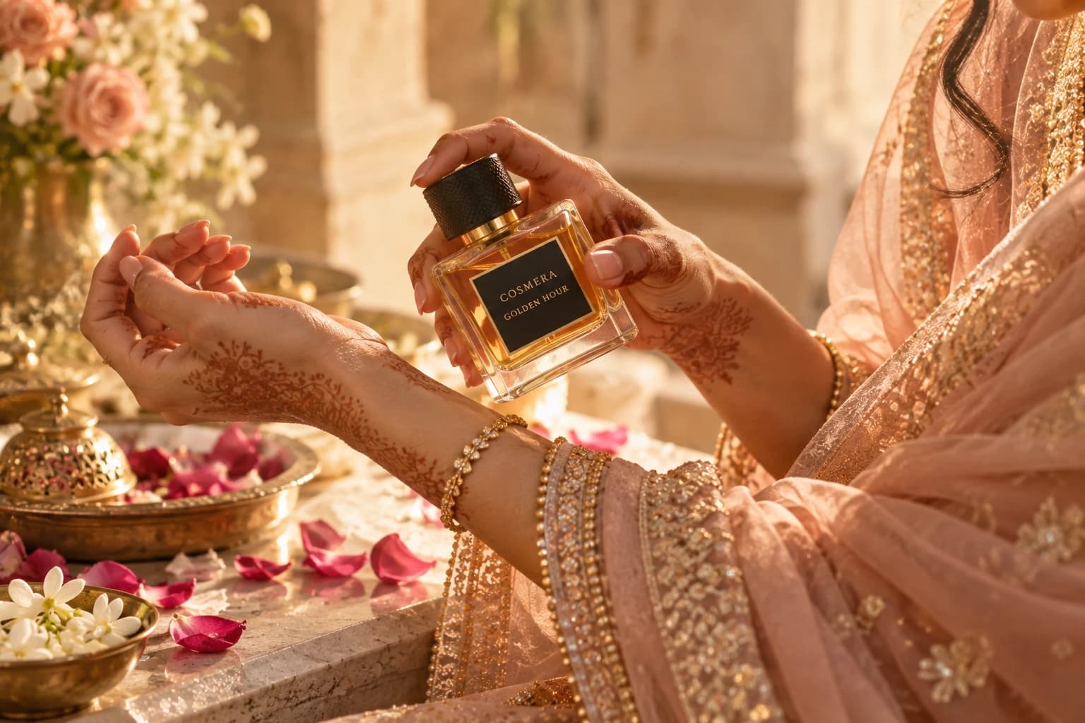 A bride with mehndi on her hands about to spray Golden Hour on her wrist