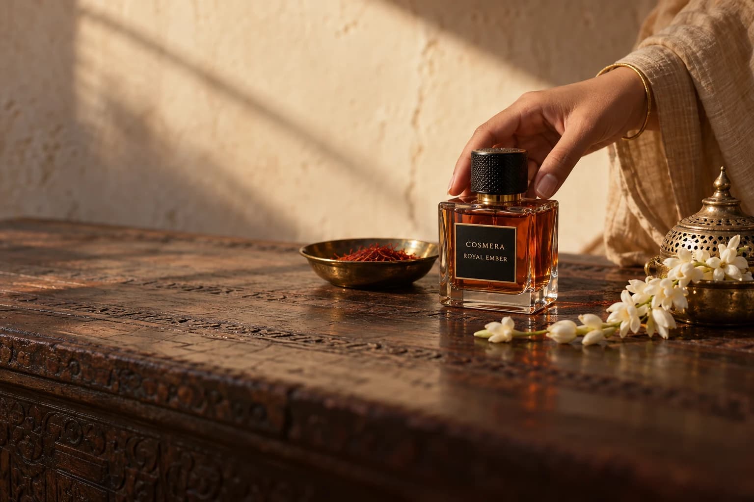 A hand setting Royal Ember down on a carved wooden table in late-afternoon light, beside a brass dish of saffron and a string of jasmine