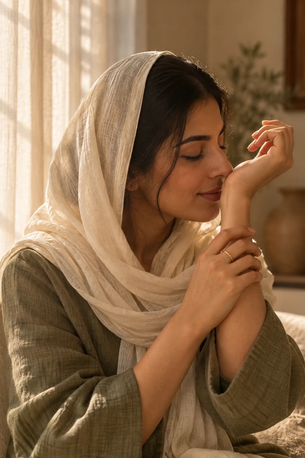 A woman in a cream shayla with her eyes closed, smelling the perfume on her wrist