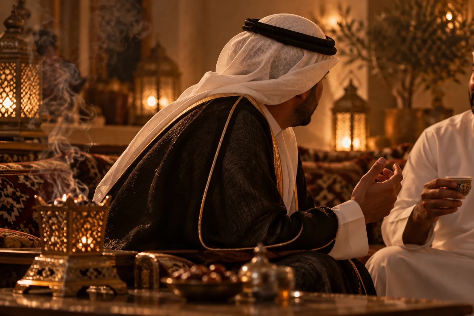 Two men talking in a lantern-lit majlis, bakhoor smoke rising beside small cups of gahwa